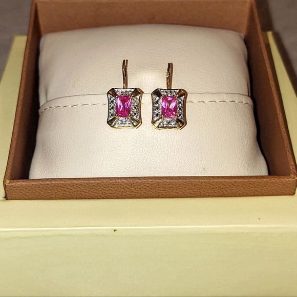 14K GOLD VERMILE 1ct NATURAL PINK EMERALD CUT SAPPHIRE EARRINGS LATCH BACK - Picture 7 of 15